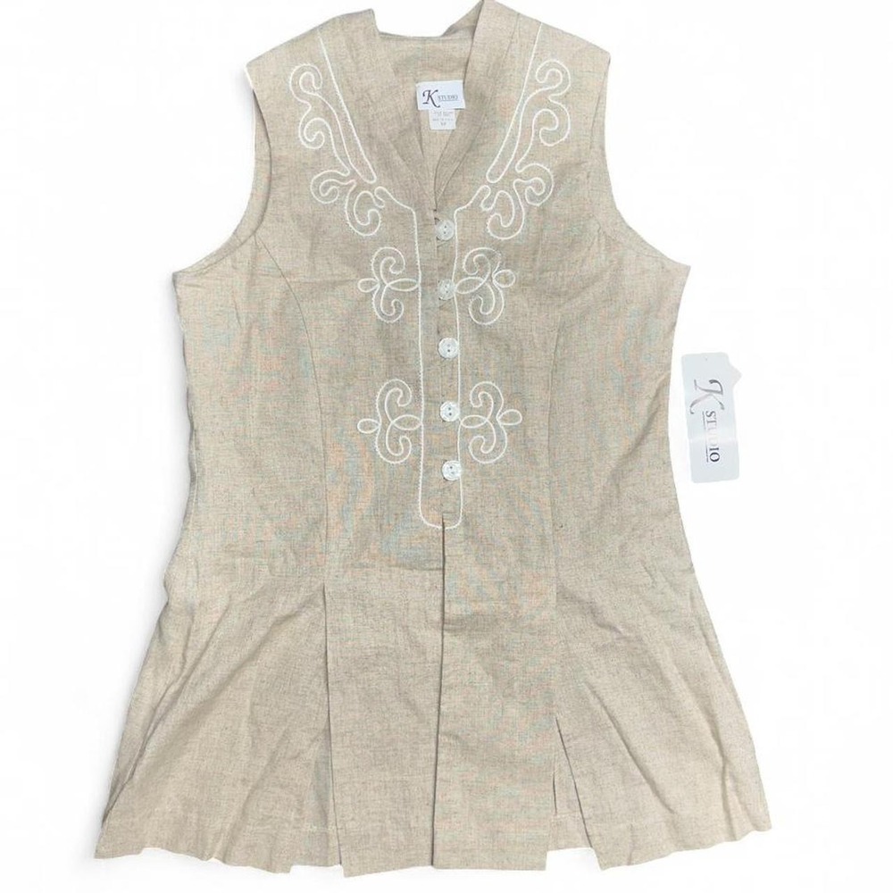 Vintage K Studio Long Line Vest 12 Tan Linen Blend Embroidered Button Front